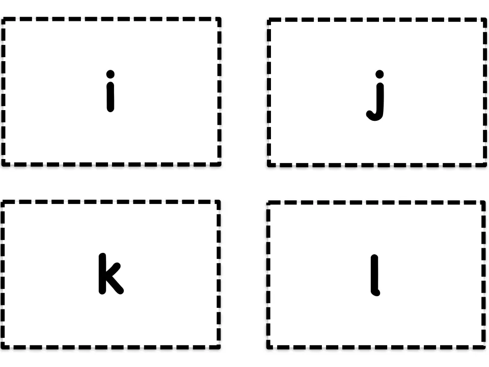 Alphabet flashcards featuring lowercase i, j, k, and l, the third four-letter sheet in the self-checking set