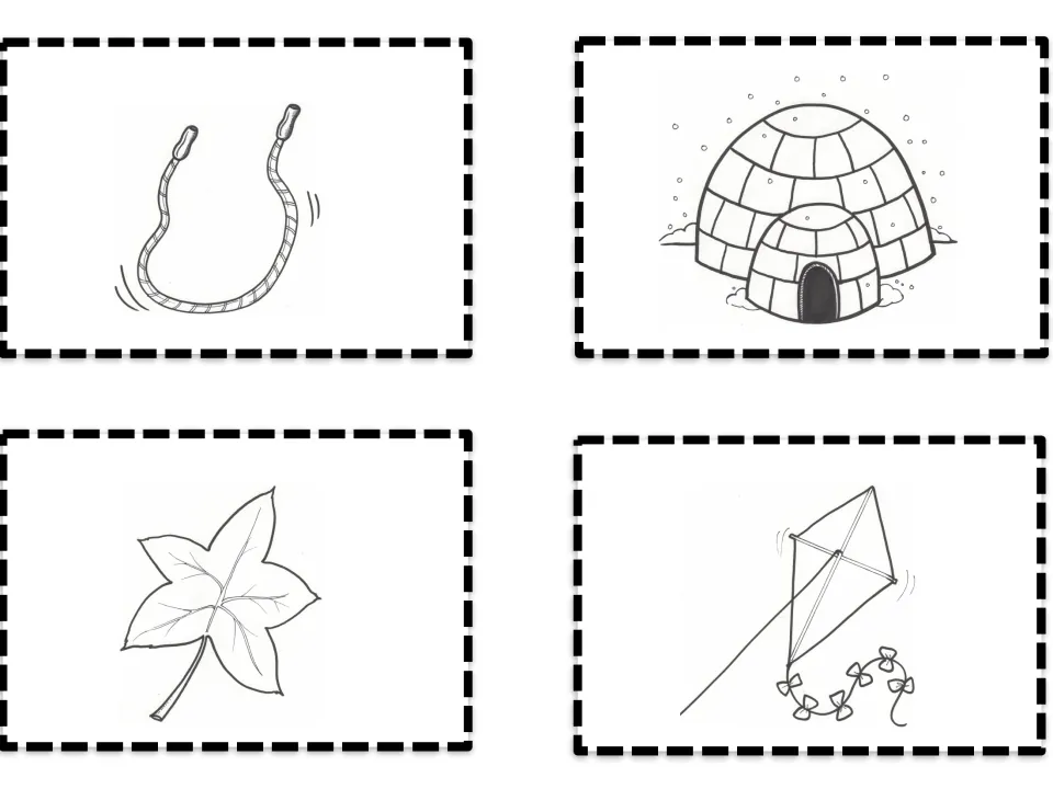 Alphabet picture cards showing a jump rope, igloo, leaf, and kite as self-checking cues for letters i through l