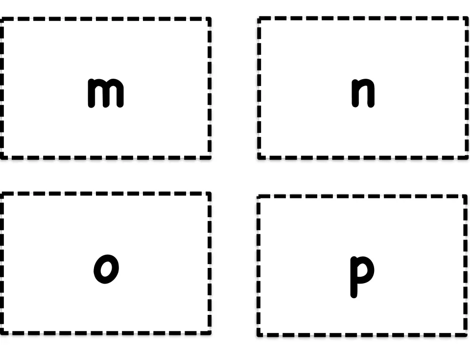 Alphabet flashcards featuring lowercase m, n, o, and p, the fourth four-letter sheet in the self-checking set