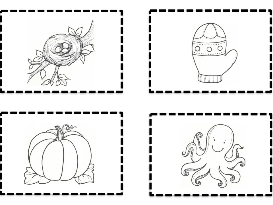 Alphabet picture cards showing a nest, mitten, pumpkin, and octopus as self-checking cues for letters m through p