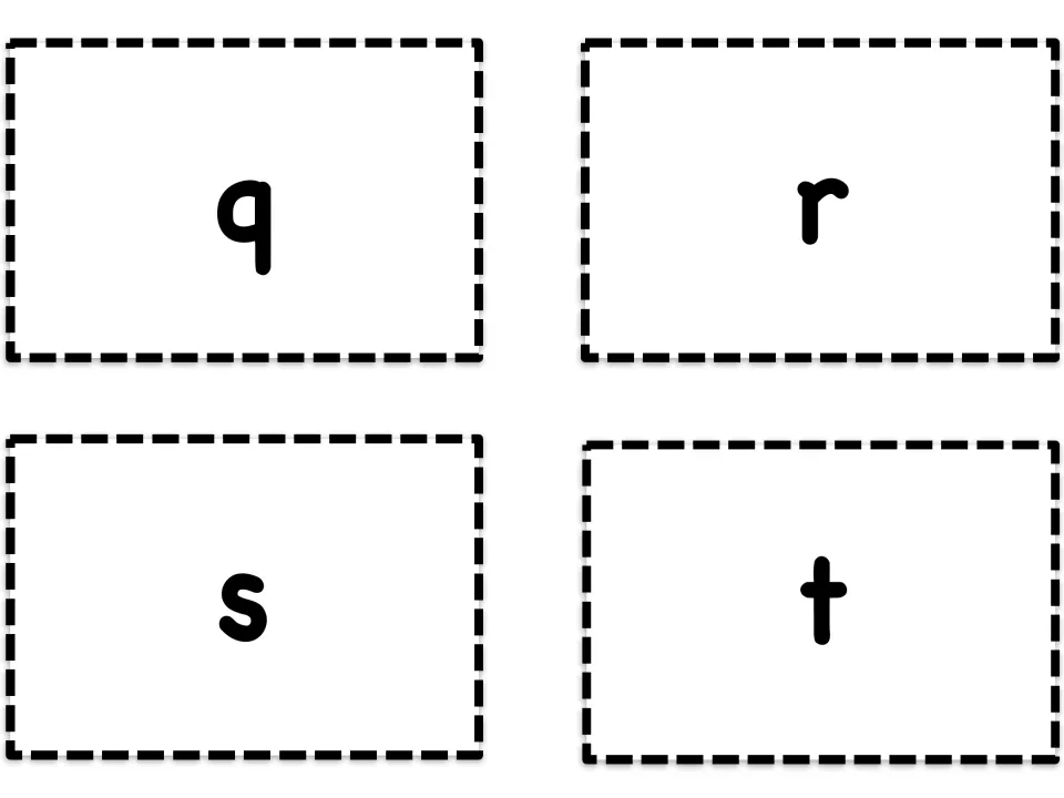Alphabet flashcards featuring lowercase q, r, s, and t, the fifth four-letter sheet in the self-checking set