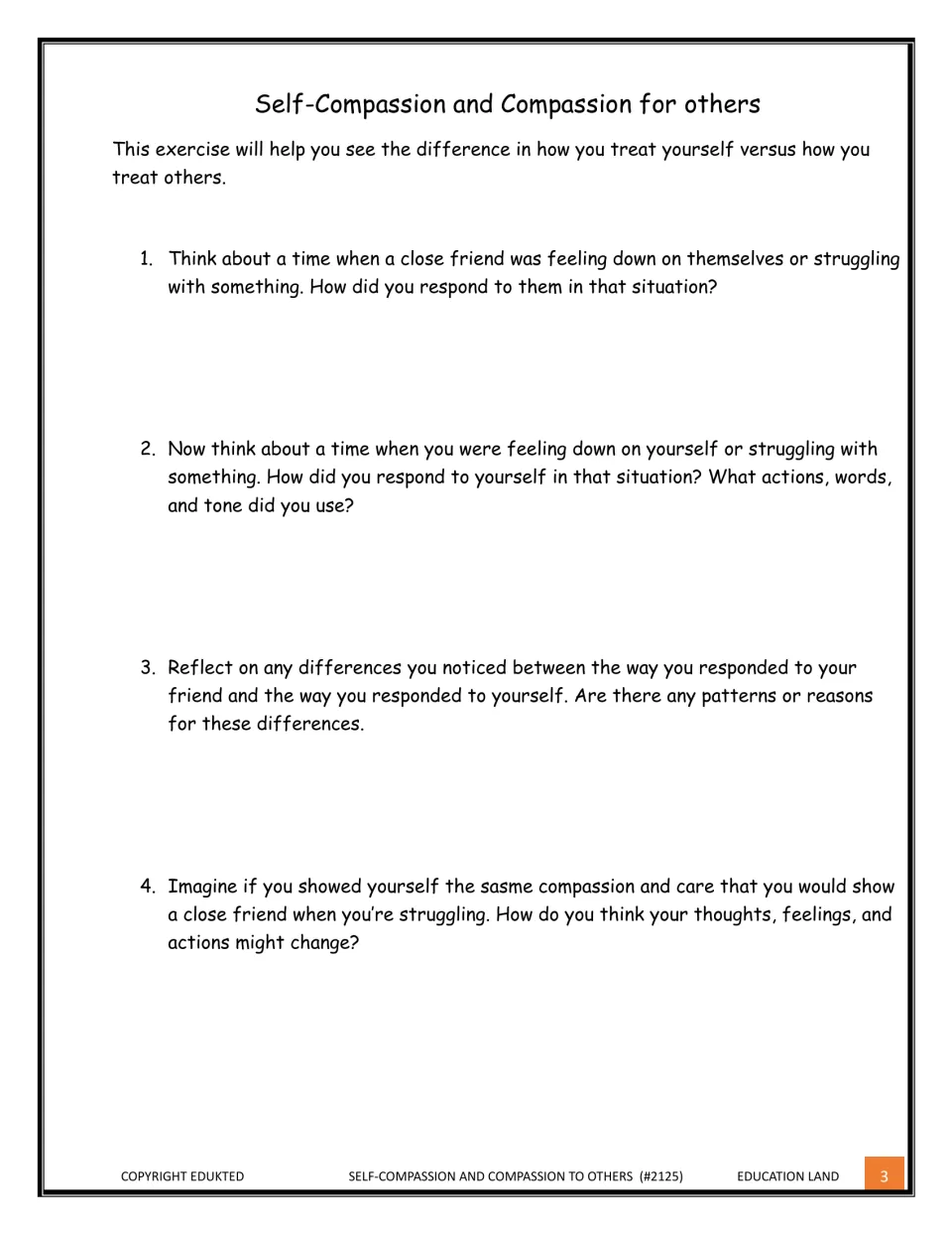 Self-compassion reflection: learners answer four prompts comparing how they treat a struggling friend versus themselves
