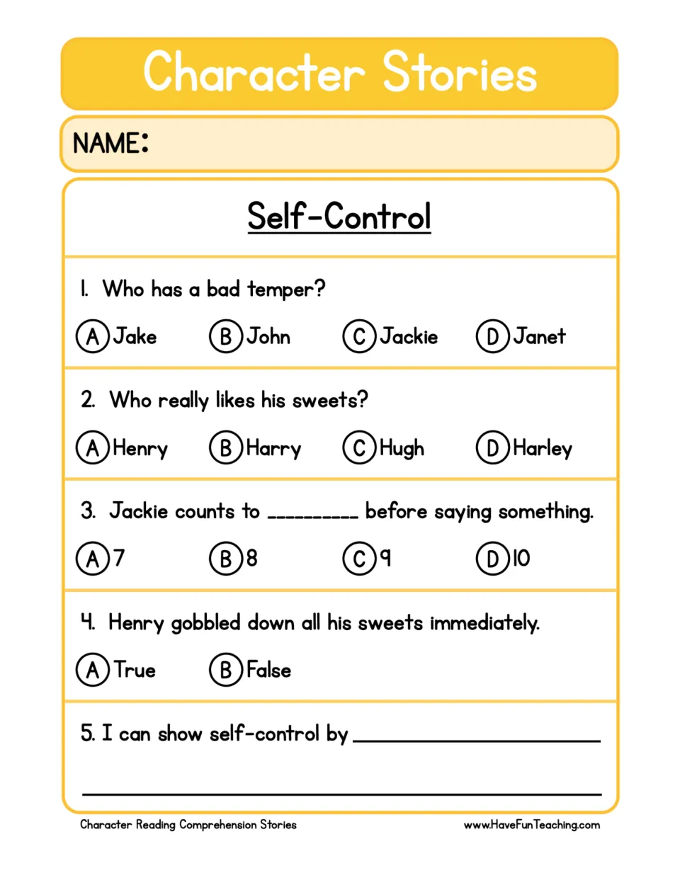 Story questions: students answer multiple-choice and true/false items about Jackie and Henry, then finish a sentence