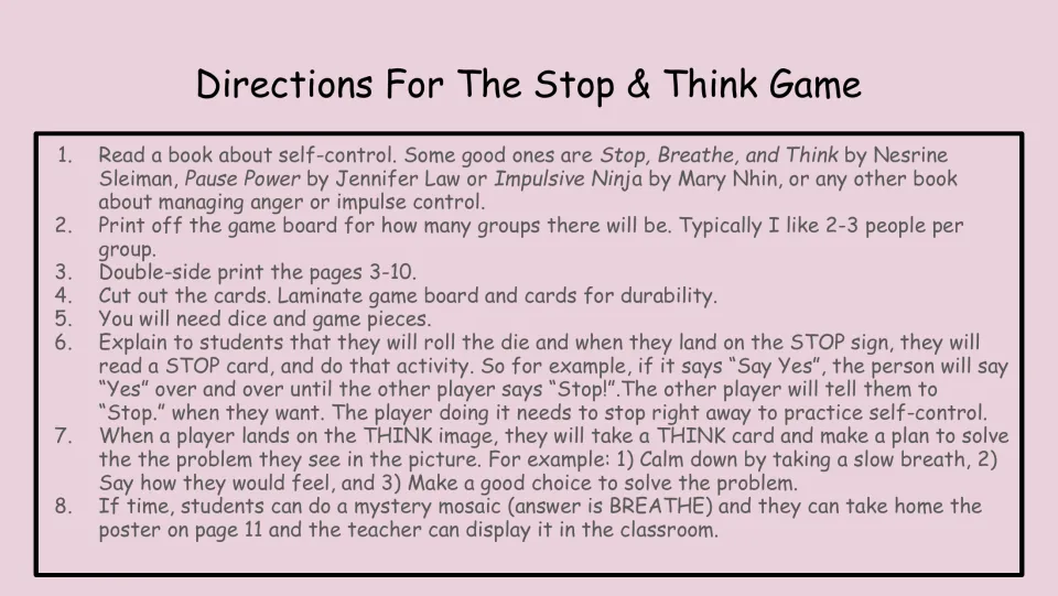 Stop & Think Game directions: read a self-control book, print and cut cards, roll dice, act out STOP and THINK cards