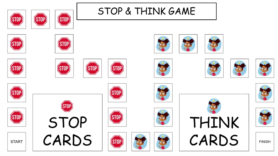 Stop & Think game board: players roll from START to FINISH, drawing a card on stop sign or thinking girl spaces