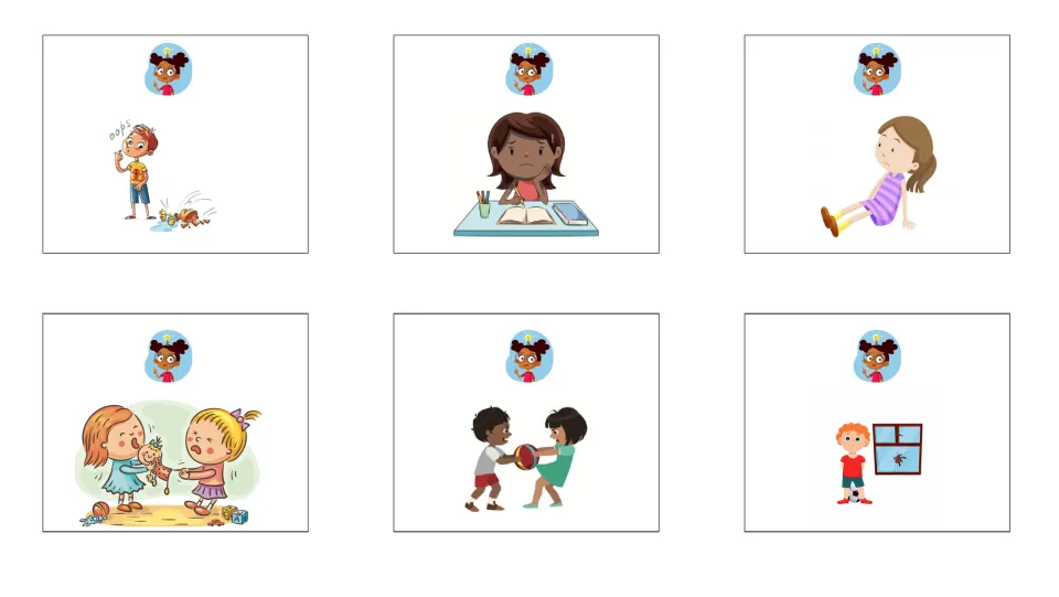 THINK cards: students plan fixes for problems like a dropped plant, kids tugging a doll or ball and a broken window