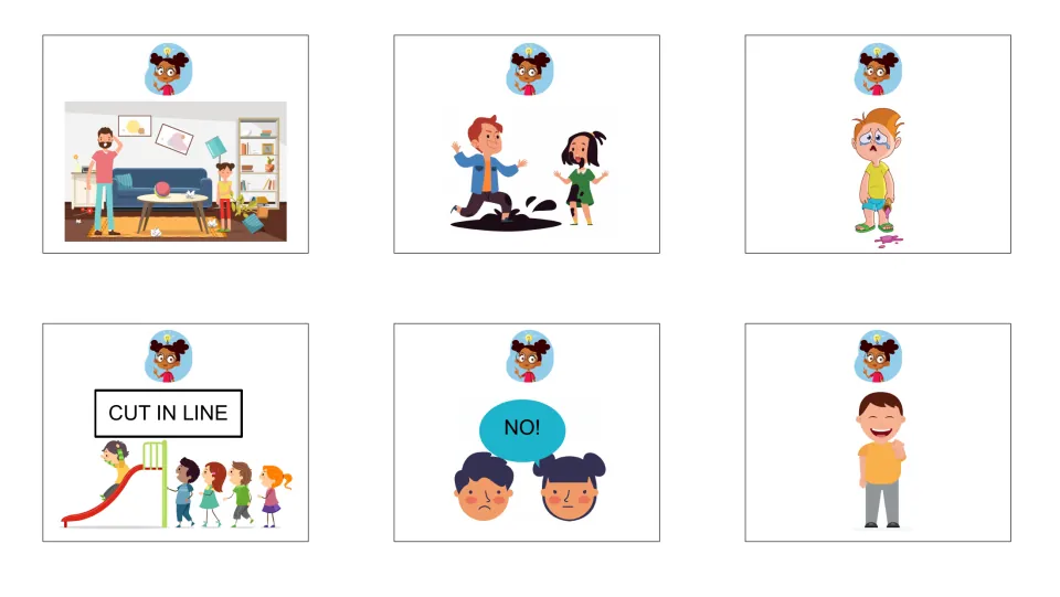More THINK cards: a messy room, a mud splash, a dropped treat, cutting in line and a NO! refusal for students to solve