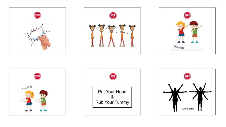Movement STOP cards: clap, jumping jacks, dabbing, flossing, pat your head and rub your tummy, and arm circles