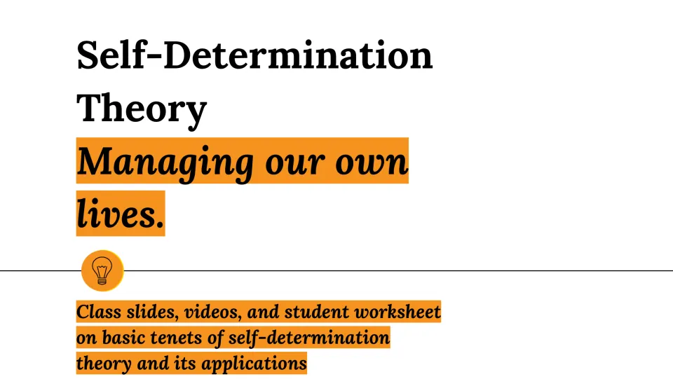 Lesson cover introduces self-determination theory with 'Managing our own lives' and lists slides and a worksheet.