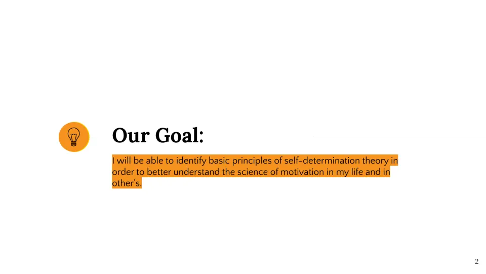 Learning goal slide asks students to identify basic principles of SDT to understand motivation in their lives.