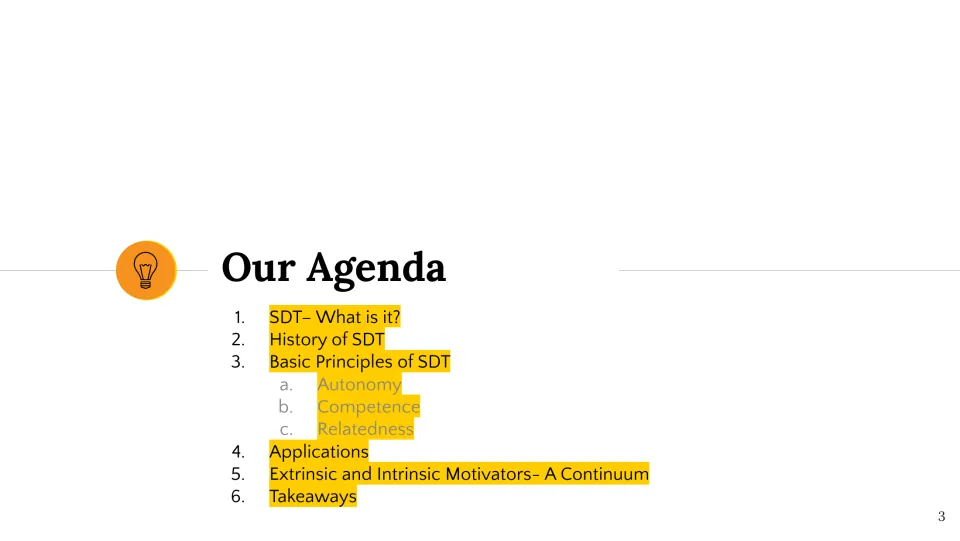 Lesson agenda lists SDT history, autonomy, competence, relatedness, applications, and types of motivation.