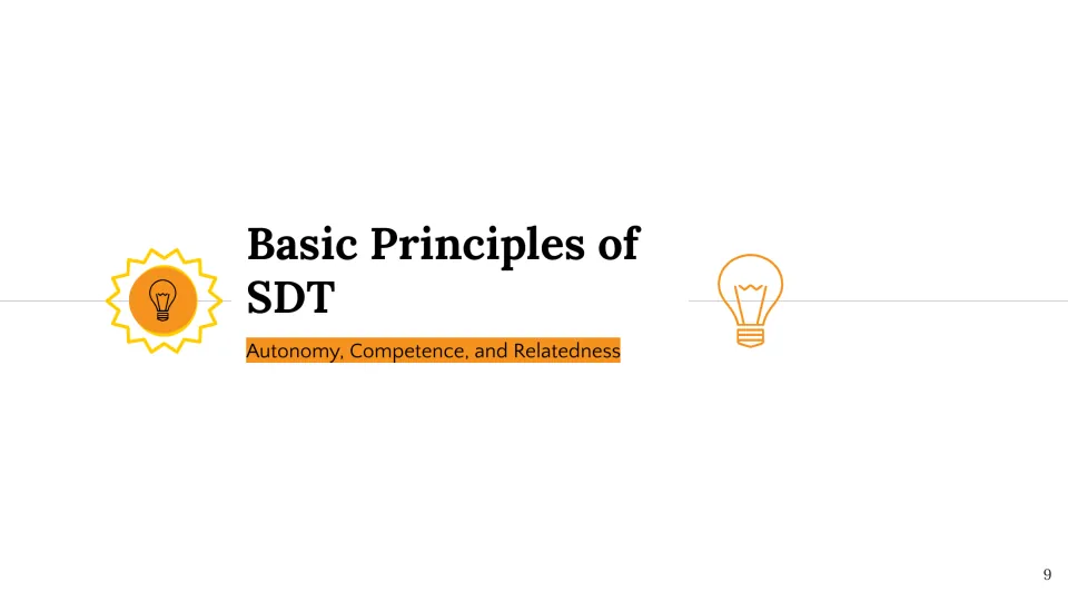 Basic principles section introduction slide names autonomy, competence, and relatedness as the next topics.