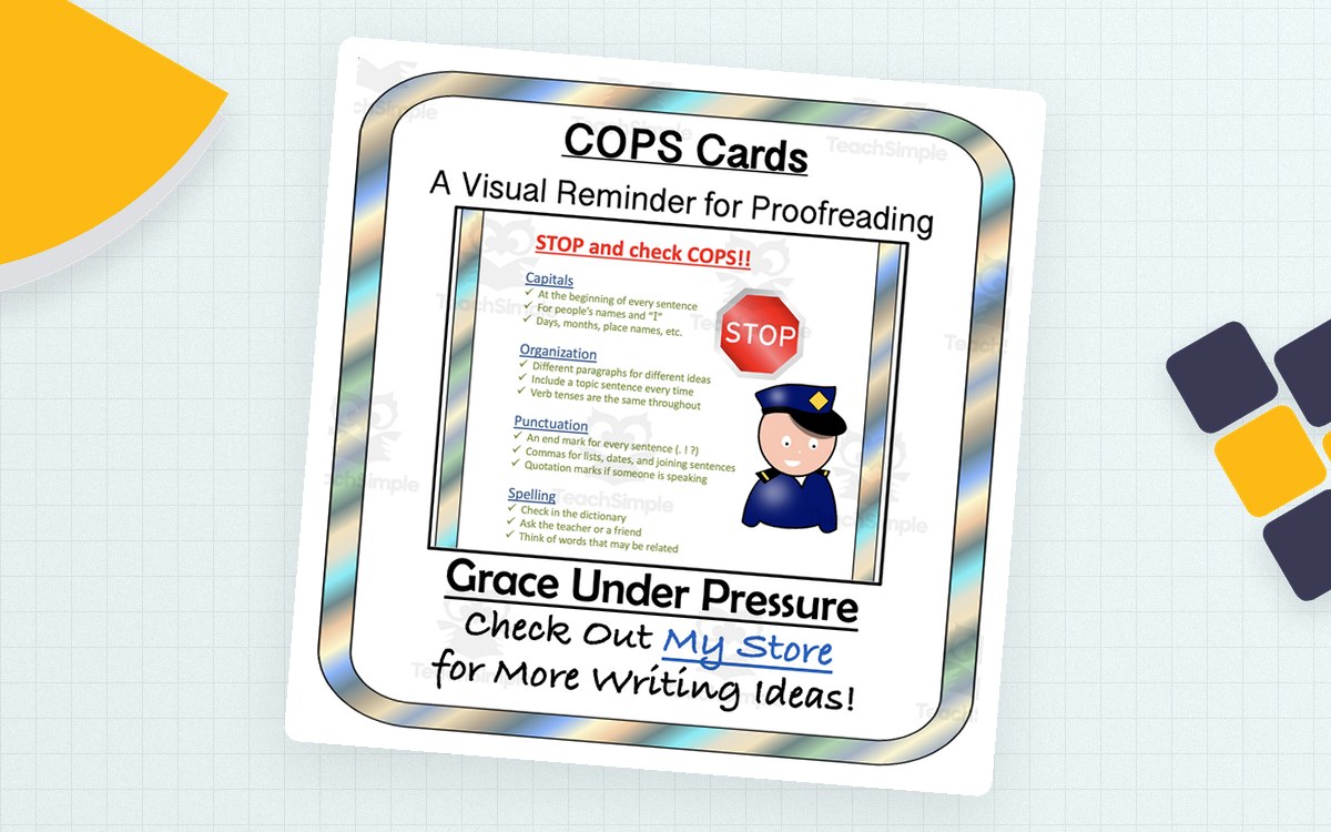 COPS Cards cover with a proofreading card, stop sign, cartoon police officer, and a creator store promotion.