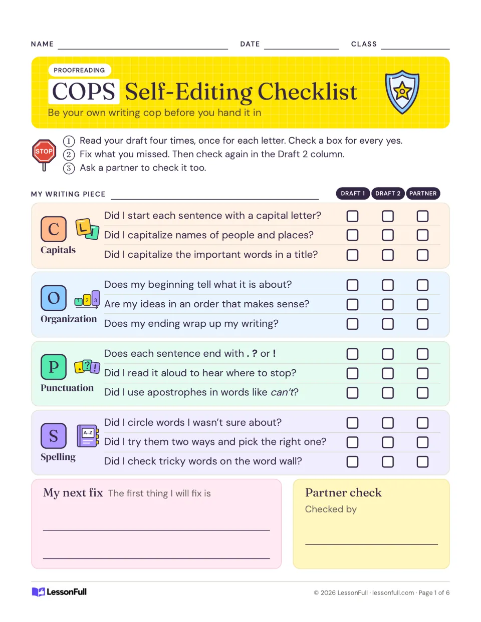 Self-editing checklist: 12 checks for capitals, organization, punctuation, and spelling, plus partner review