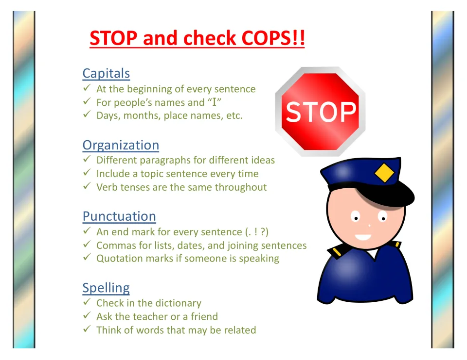 STOP and check COPS proofreading card: checklists for capitals, organisation, punctuation and spelling to self-edit writing