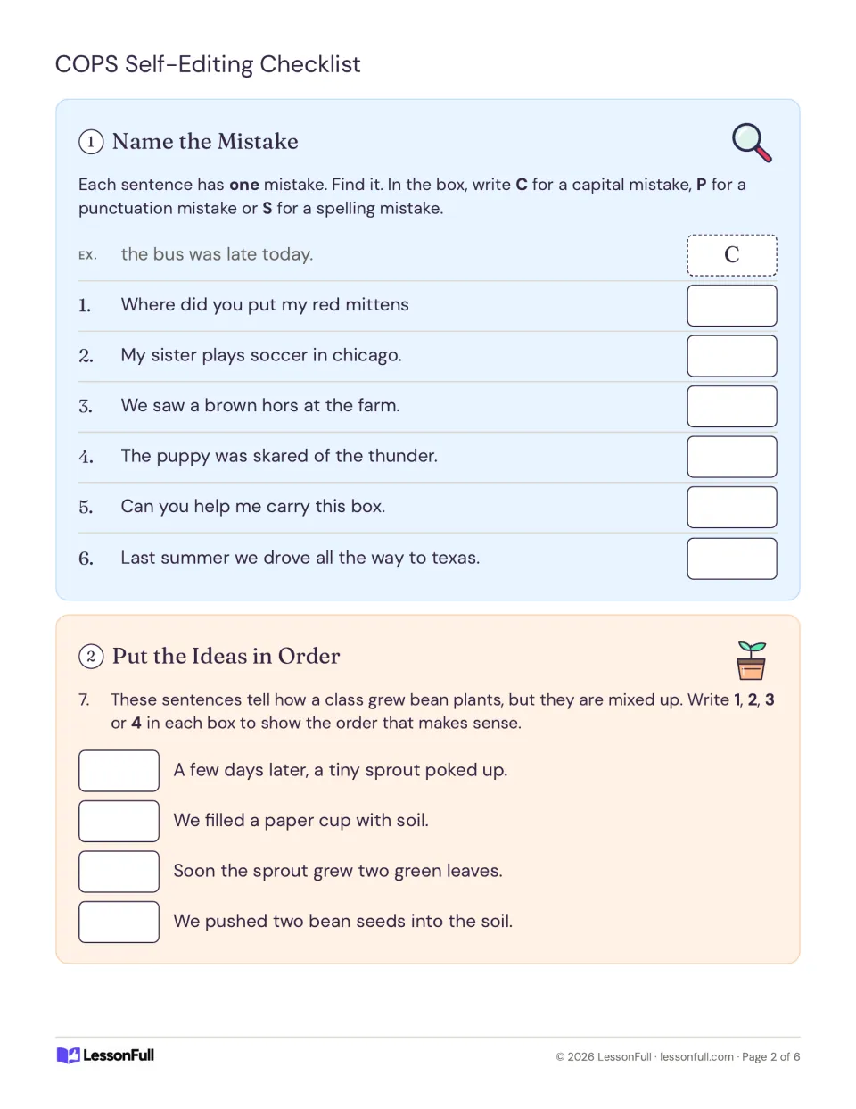 Proofreading practice items 1–7: identify six sentence mistakes and order four steps for growing bean plants