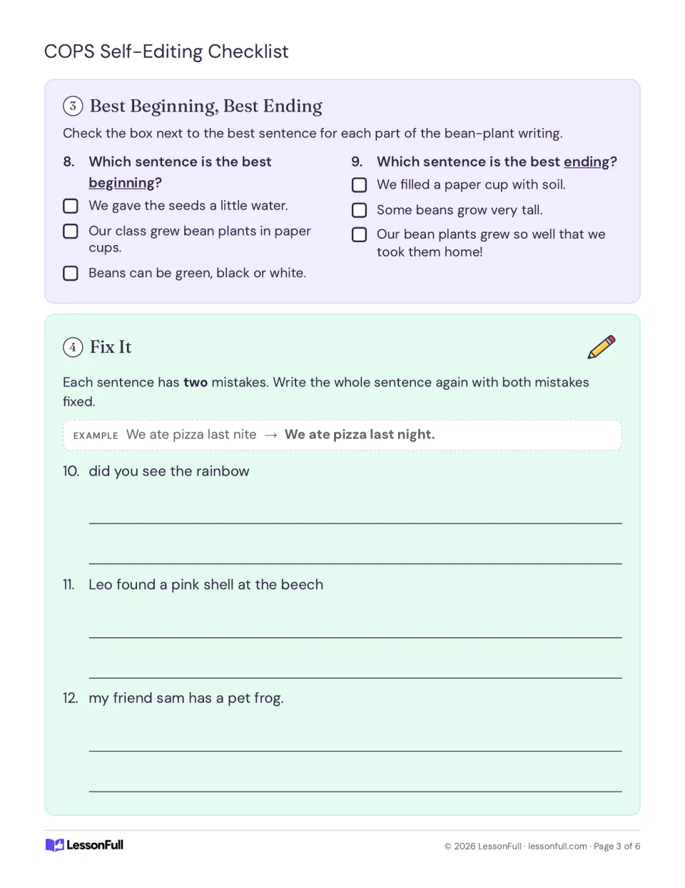 Editing practice items 8–12: choose a bean-plant beginning and ending, then fix three sentences