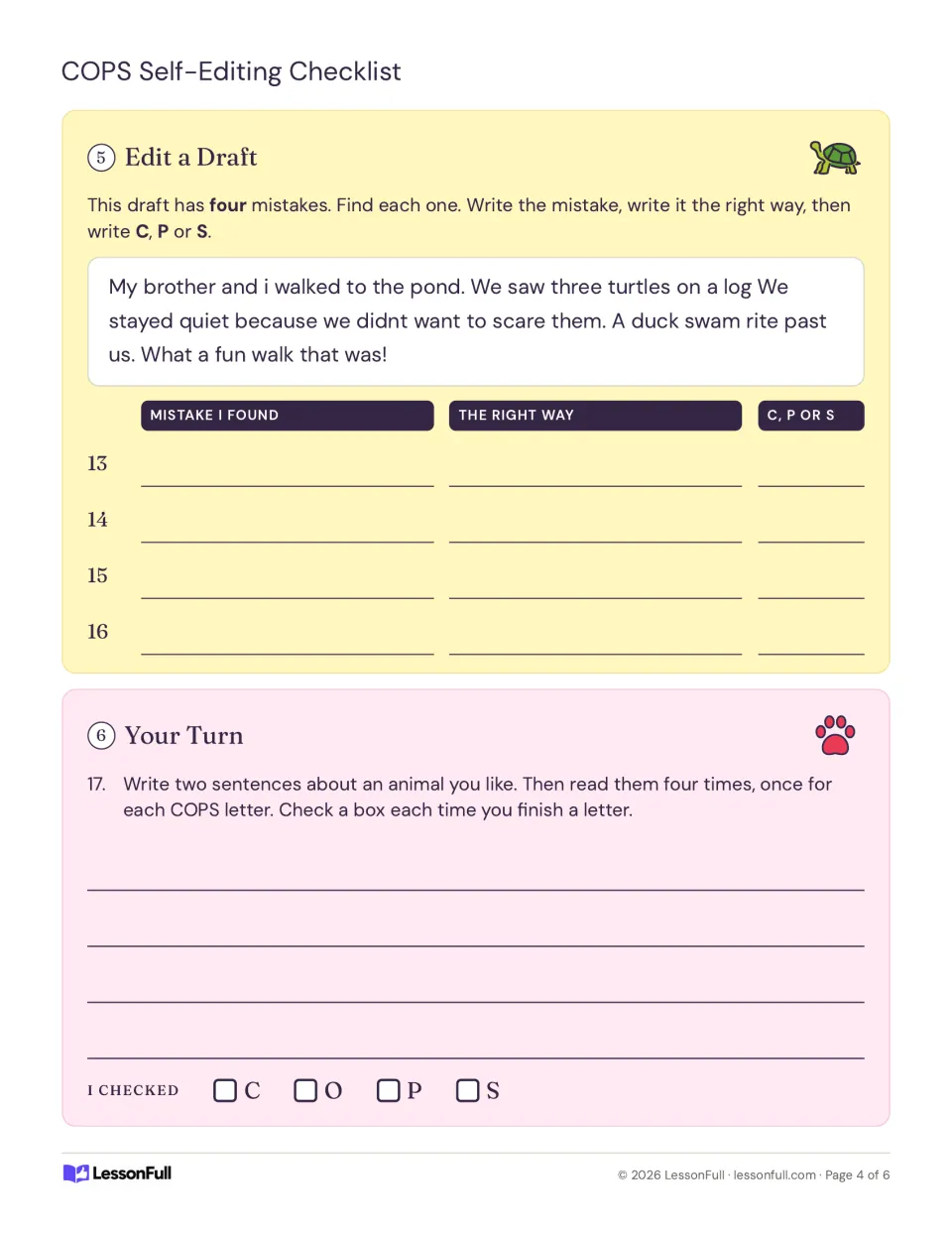 Editing practice items 13–17: correct four mistakes in a pond-walk draft and write two animal sentences