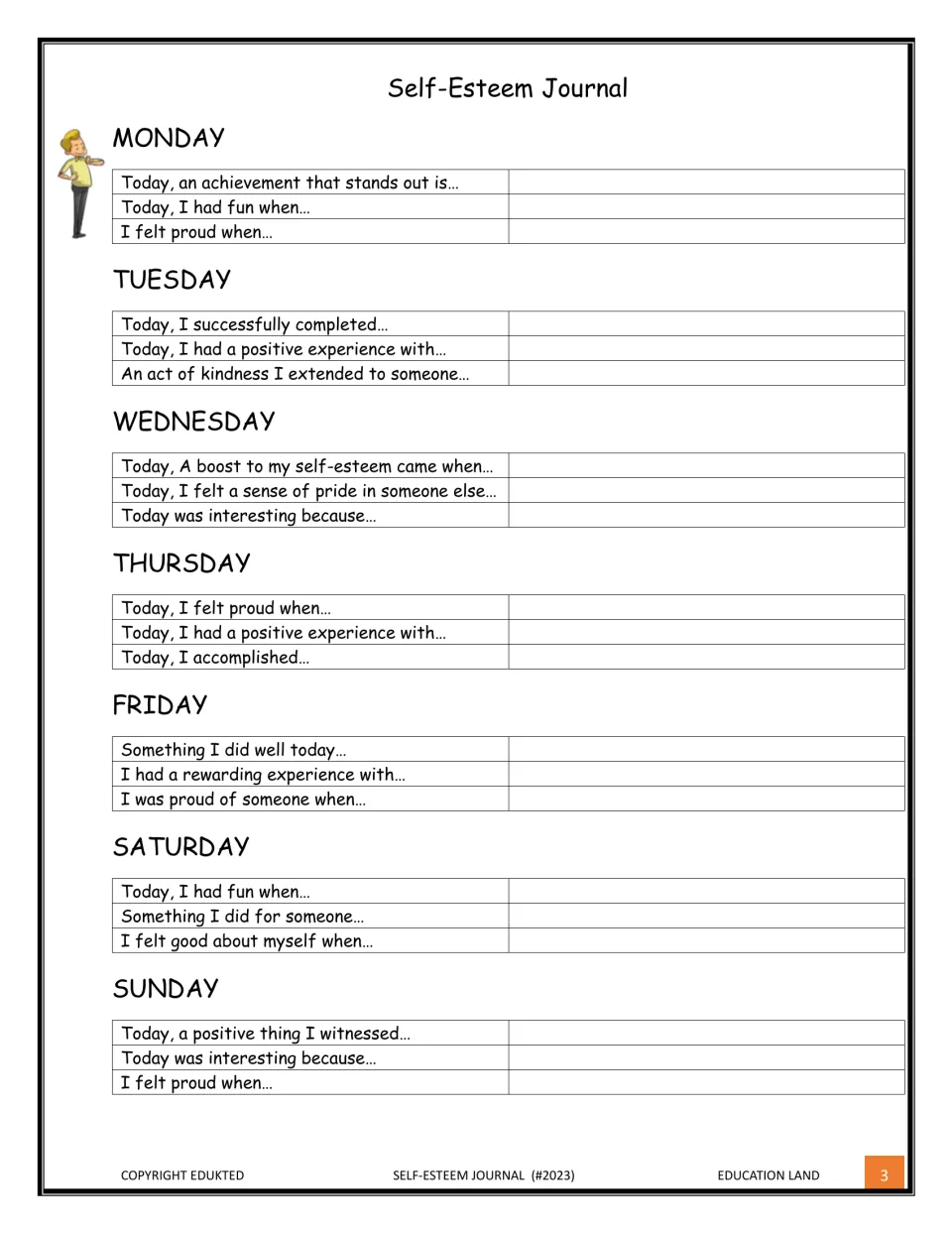 Weekly reflection log: students finish three prompts per day, Monday to Sunday, on pride, fun, kindness and achievements