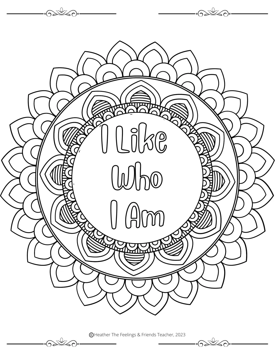 Self-acceptance affirmation: students color a petal mandala with the words "I Like Who I Am" written in its center circle