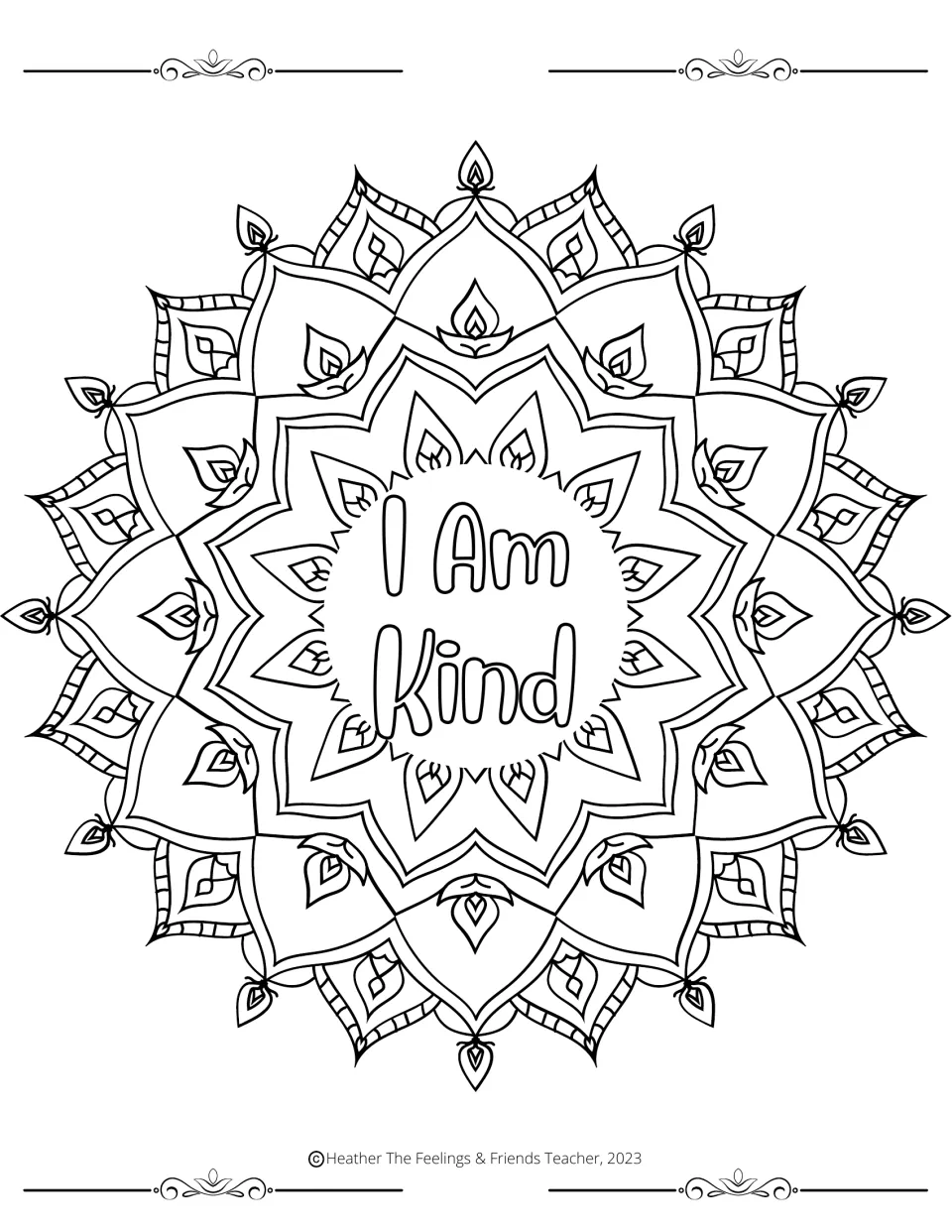 Kindness affirmation: students color a star-shaped, pointed-petal mandala with the phrase "I Am Kind" at its center