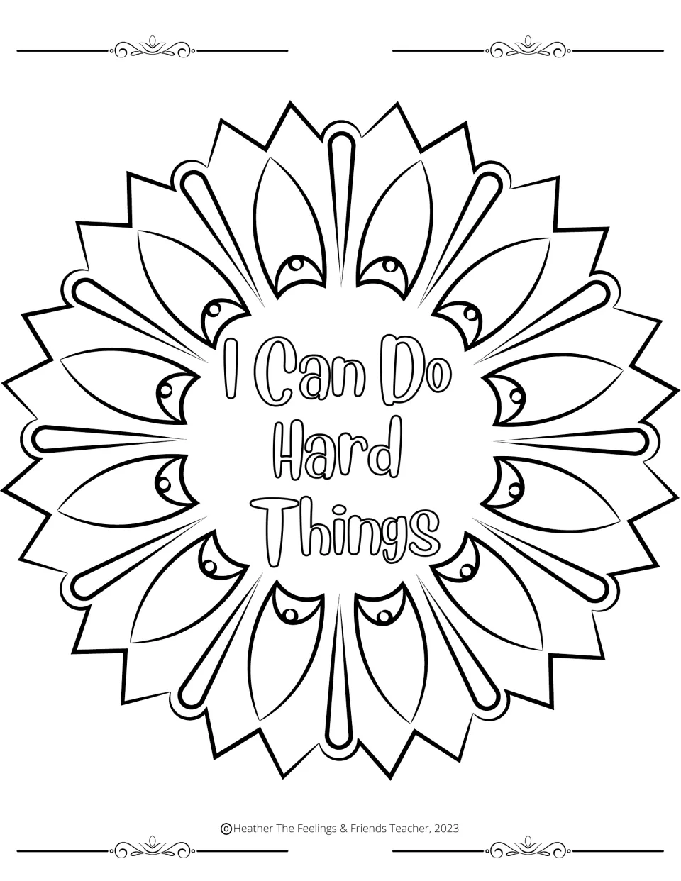 Perseverance affirmation: students color a spiky sunburst mandala around the phrase "I Can Do Hard Things" in the middle