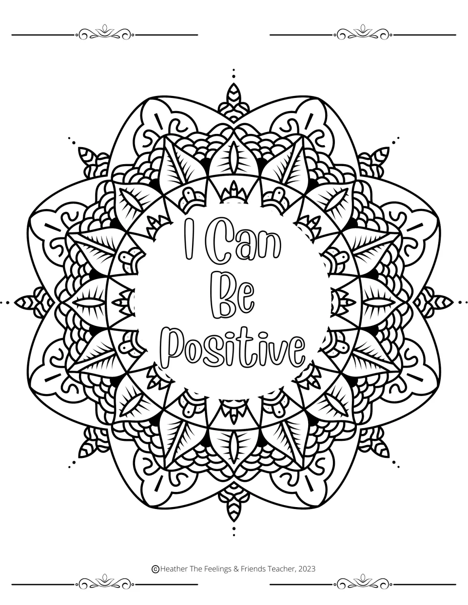 Optimism affirmation: students color a leaf-and-scallop mandala around the words "I Can Be Positive" in the center
