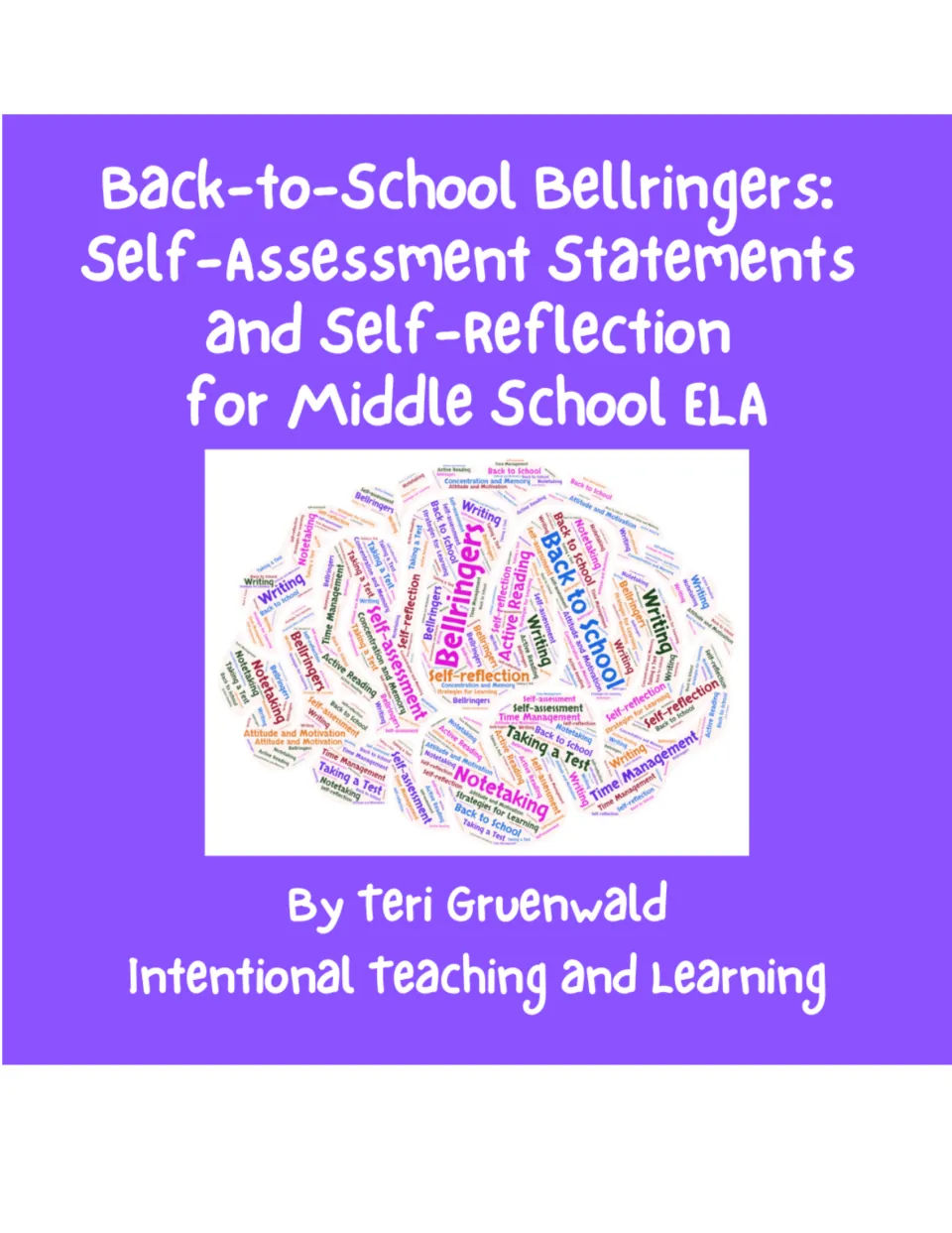 Cover: Back-to-School Bellringers self-assessment statements and self-reflection for middle school ELA, with a word cloud