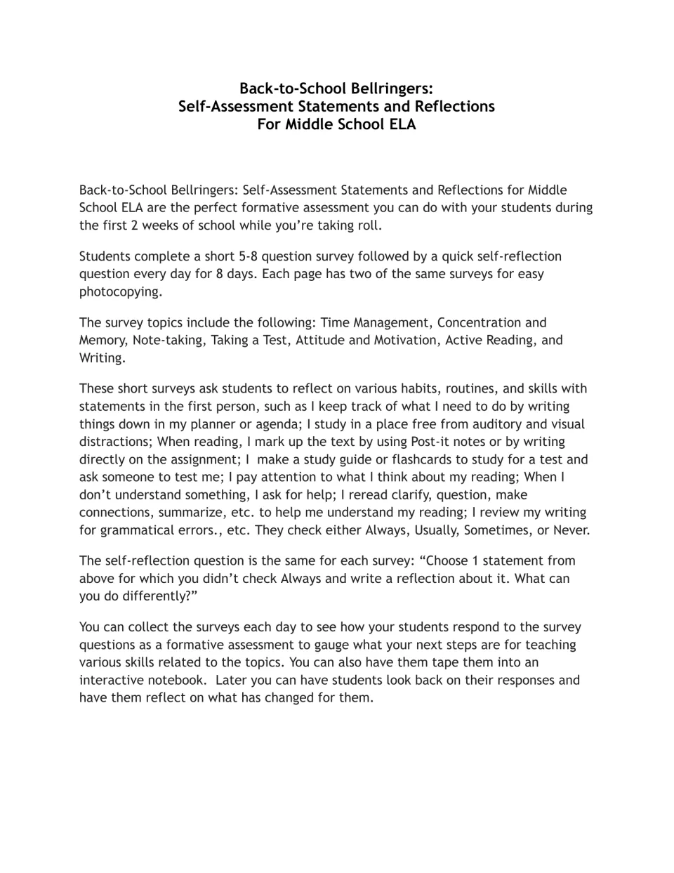Teacher notes: daily 5-8 statement surveys rated Always to Never, plus one reflection question, for 8 days of school