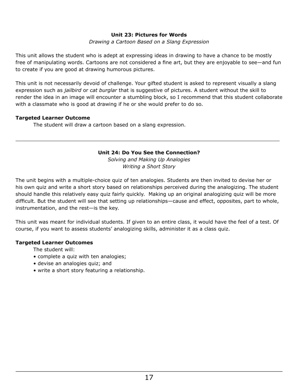 Teacher overview of Units 23–24: drawing slang cartoons, solving and creating analogies, and writing a story