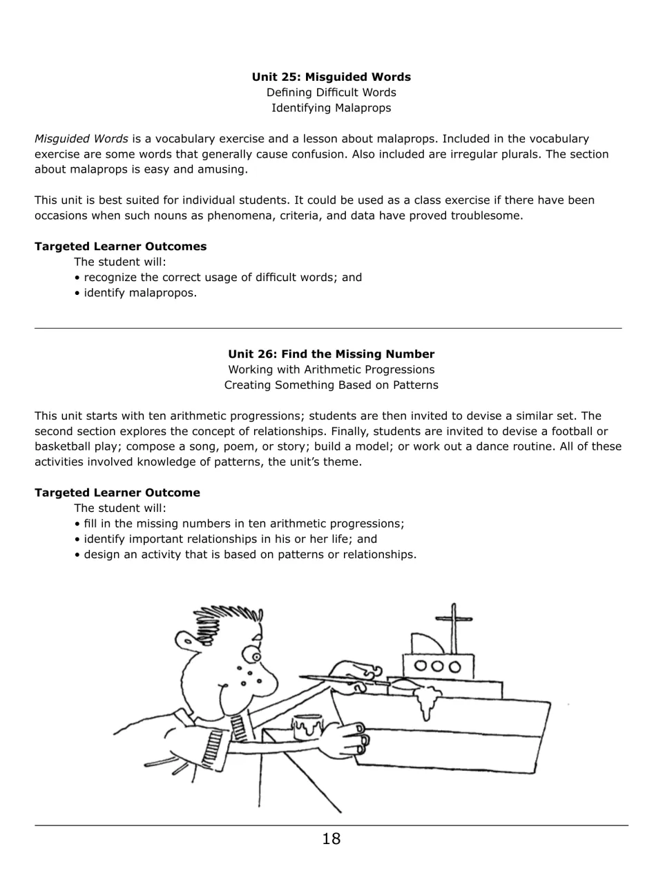 Teacher overview of Units 25–26: difficult words, malaprops, arithmetic progressions, and pattern activities