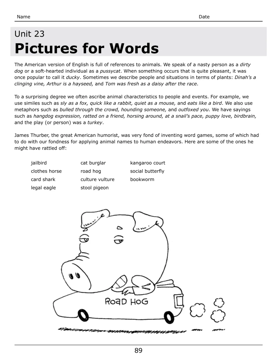 Unit 23 lesson introduces animal expressions such as jailbird, cat burglar, and bookworm for a cartoon task