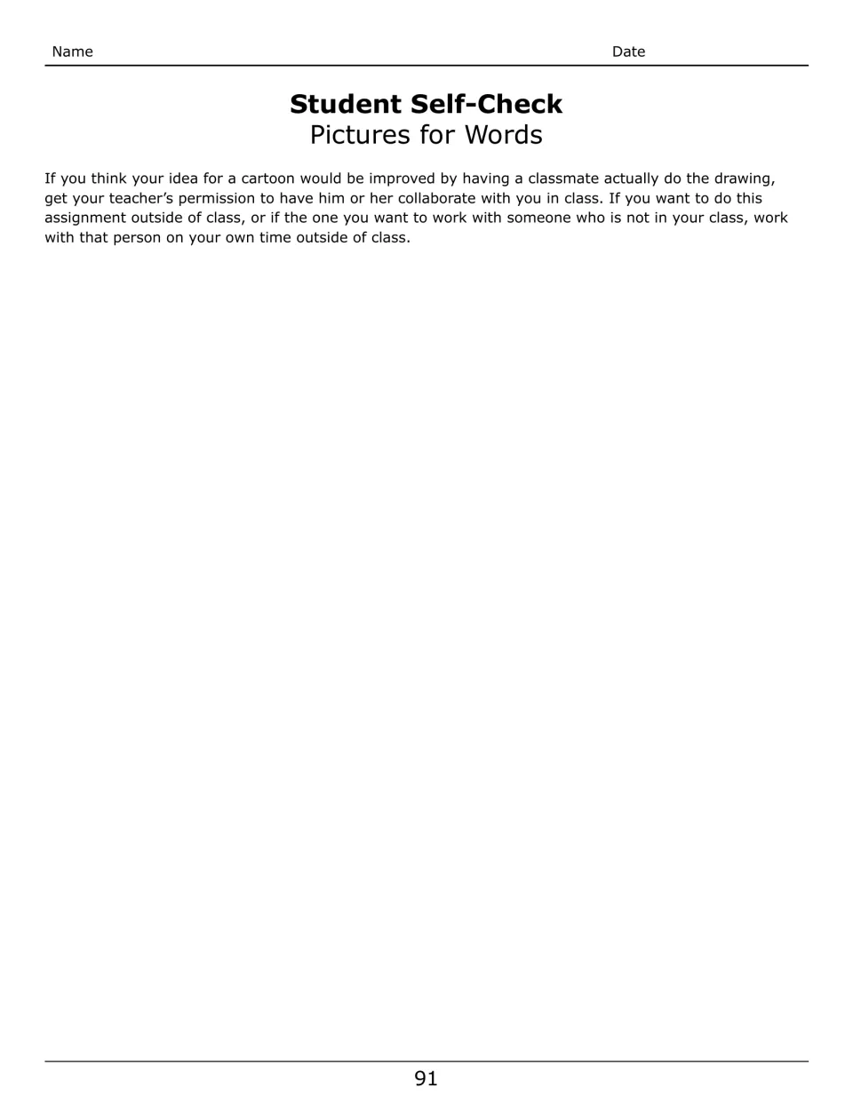 Unit 23 Student Self-Check explains getting teacher permission to collaborate on a cartoon drawing in class