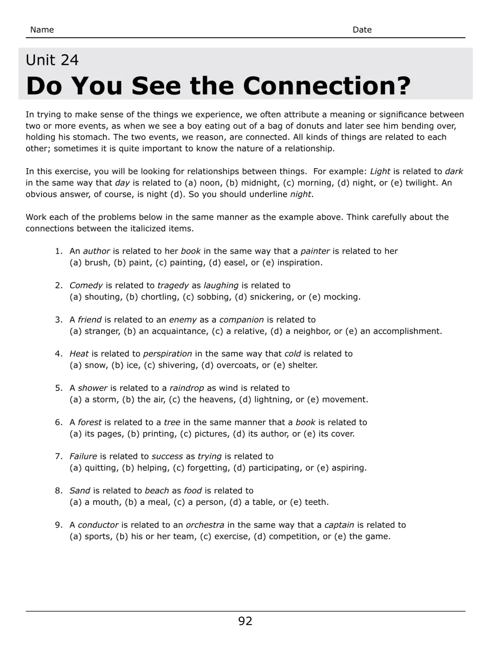 Unit 24 introduces analogies with a light-and-dark example and nine questions about relationships between things