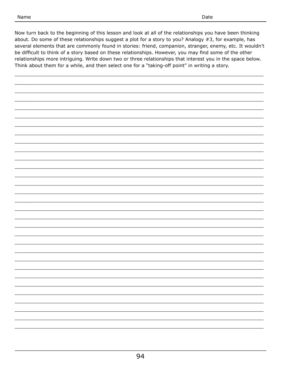 Unit 24 story planning asks students to list two or three interesting relationships and select one for a story
