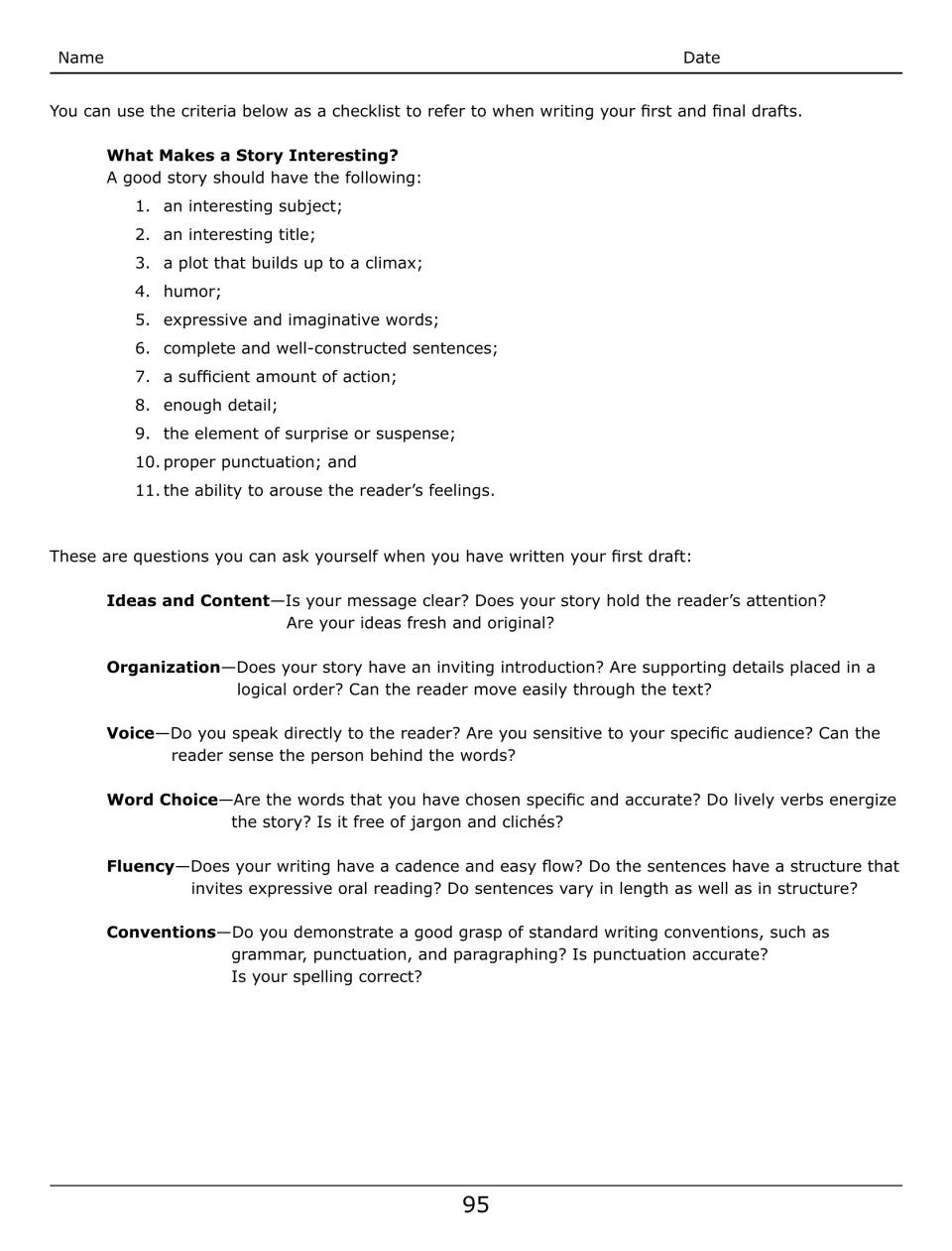 Unit 24 writing checklist lists 11 story features and revision questions on ideas, organization, voice, and more