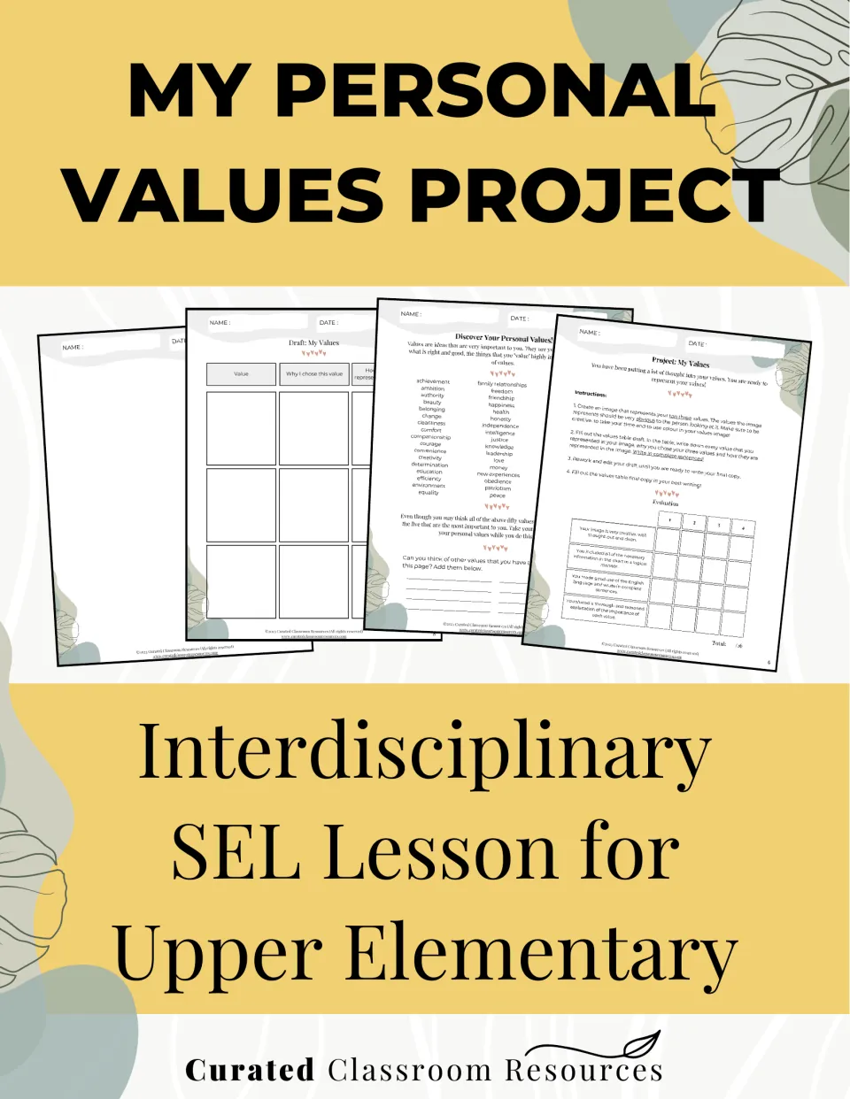 My Personal Values Project cover: interdisciplinary SEL lesson for upper elementary, showing values worksheets and a rubric