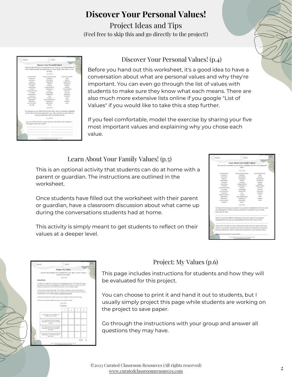 Teacher tips for the values list, take-home family values sheet and project page, such as modeling your own top five values