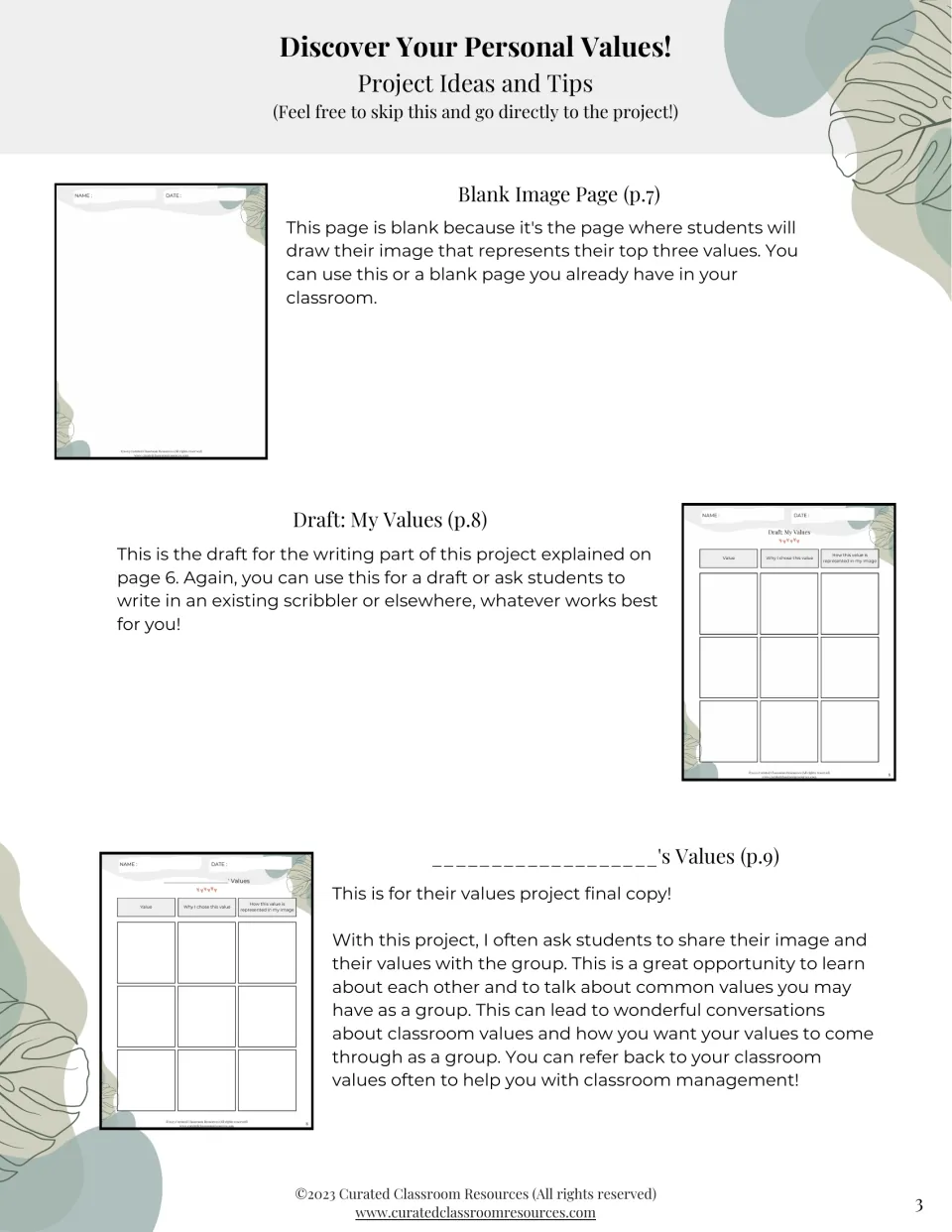 Teacher tips for the drawing page, writing draft and final copy, with ideas for sharing work and building classroom values
