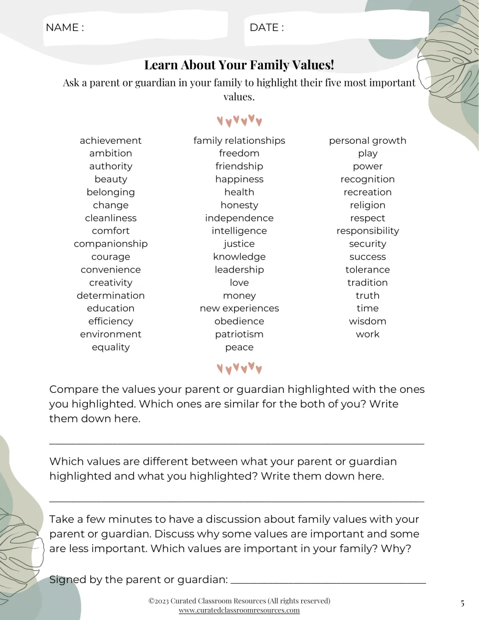 Learn About Your Family Values: a parent highlights their top five values, then the student compares and discusses them