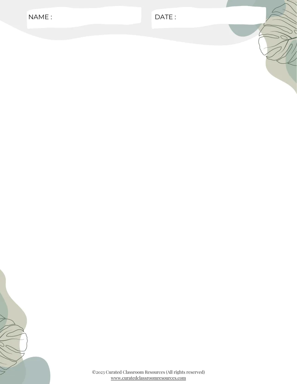 Blank drawing page with name and date where students create a colourful image representing their top three personal values