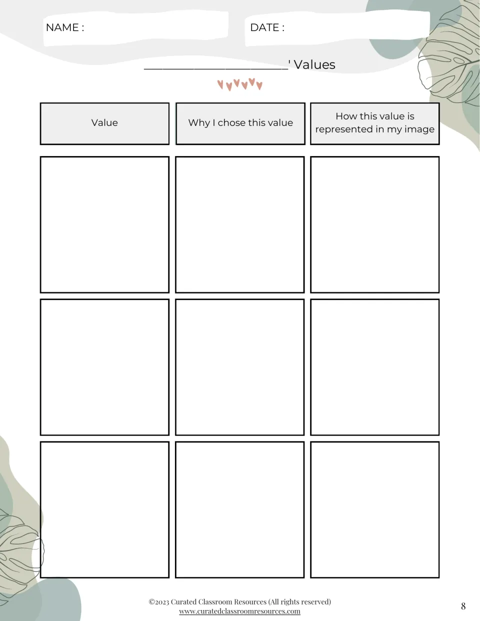 Final copy organizer titled with the student's name and Values, explaining each chosen value and how their image shows it