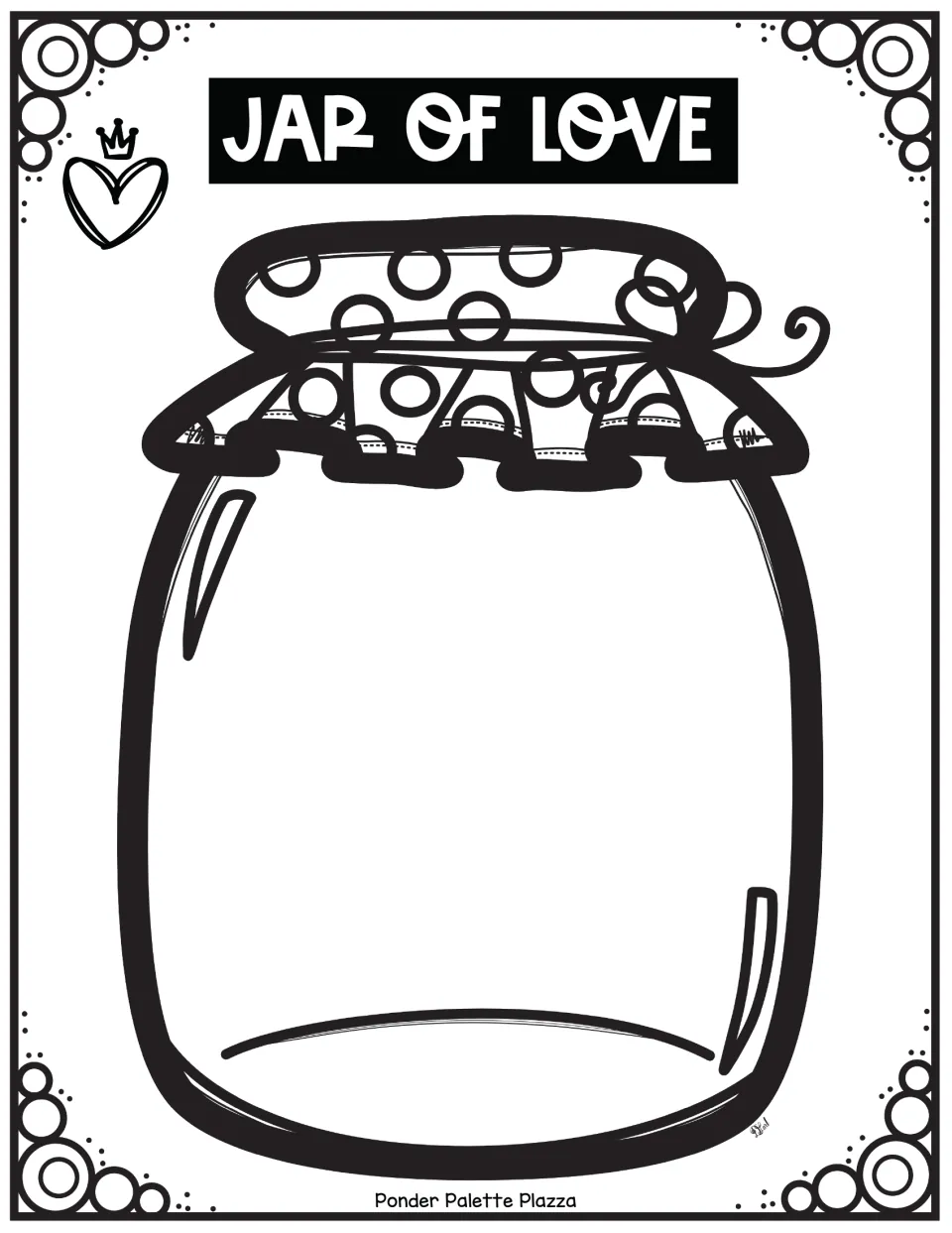 Jar of Love outline: a blank jar with a polka-dot lid for students to color in before adding their heart cut-outs