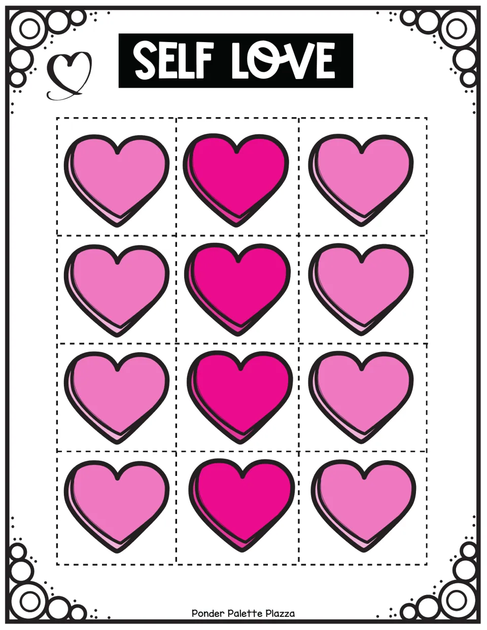 Self Love hearts: 12 pink and magenta blank hearts for students to cut out and drop into their Jar of Love