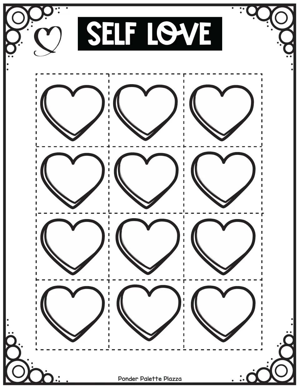 Self Love hearts to color: 12 blank black-and-white hearts students color, cut out and add to their jar craft