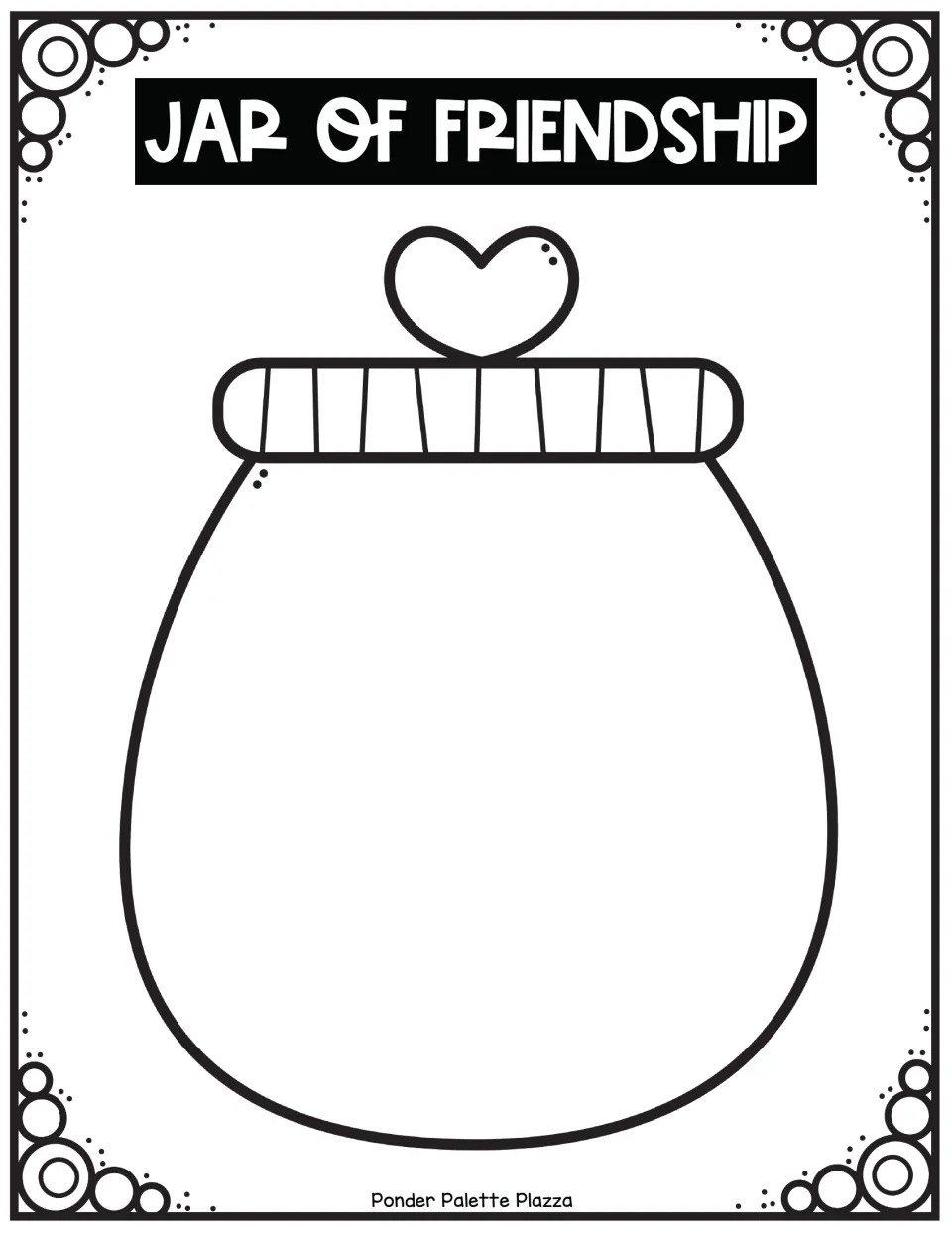 Jar of Friendship outline: a blank rounded jar with a striped lid and heart knob for students to color in themselves