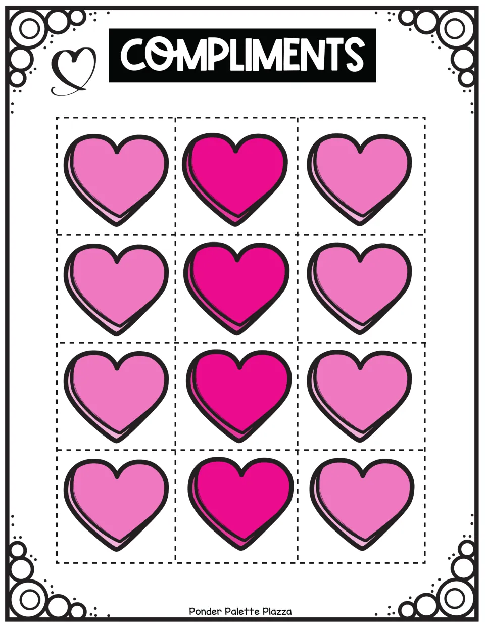 Compliments hearts: 12 pink and magenta blank hearts for students to cut out and place in the Jar of Friendship