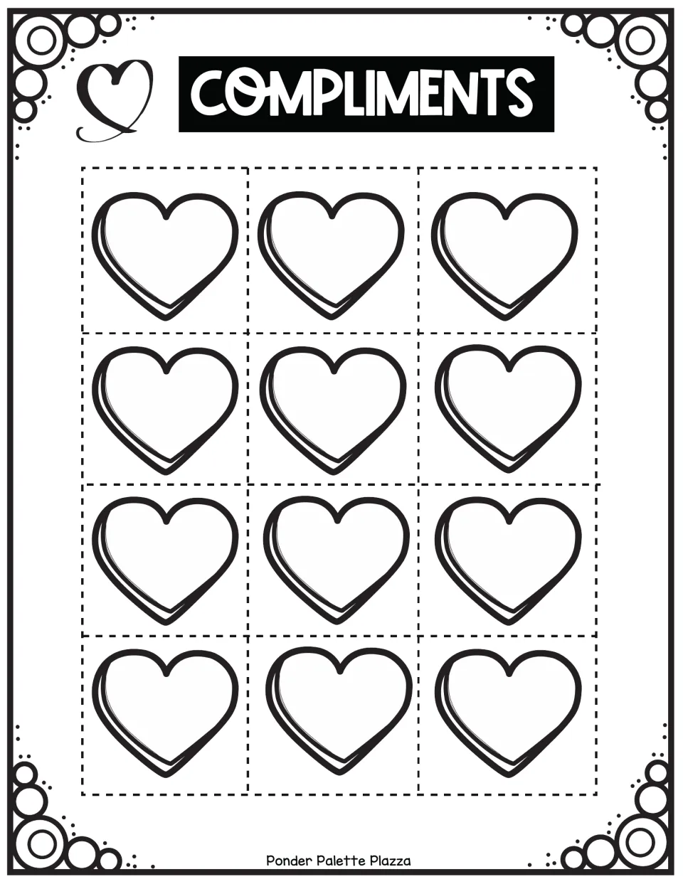 Compliments hearts to color: 12 uncolored blank hearts for students to decorate, cut out and add to a friendship jar