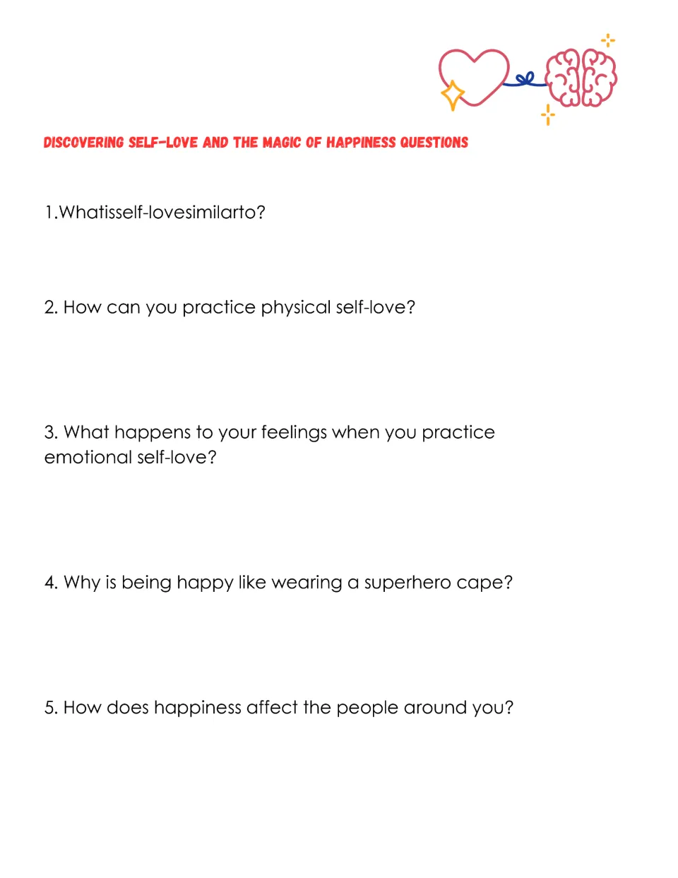 Five comprehension questions ask about self-love, physical care, feelings, bravery, and happiness.
