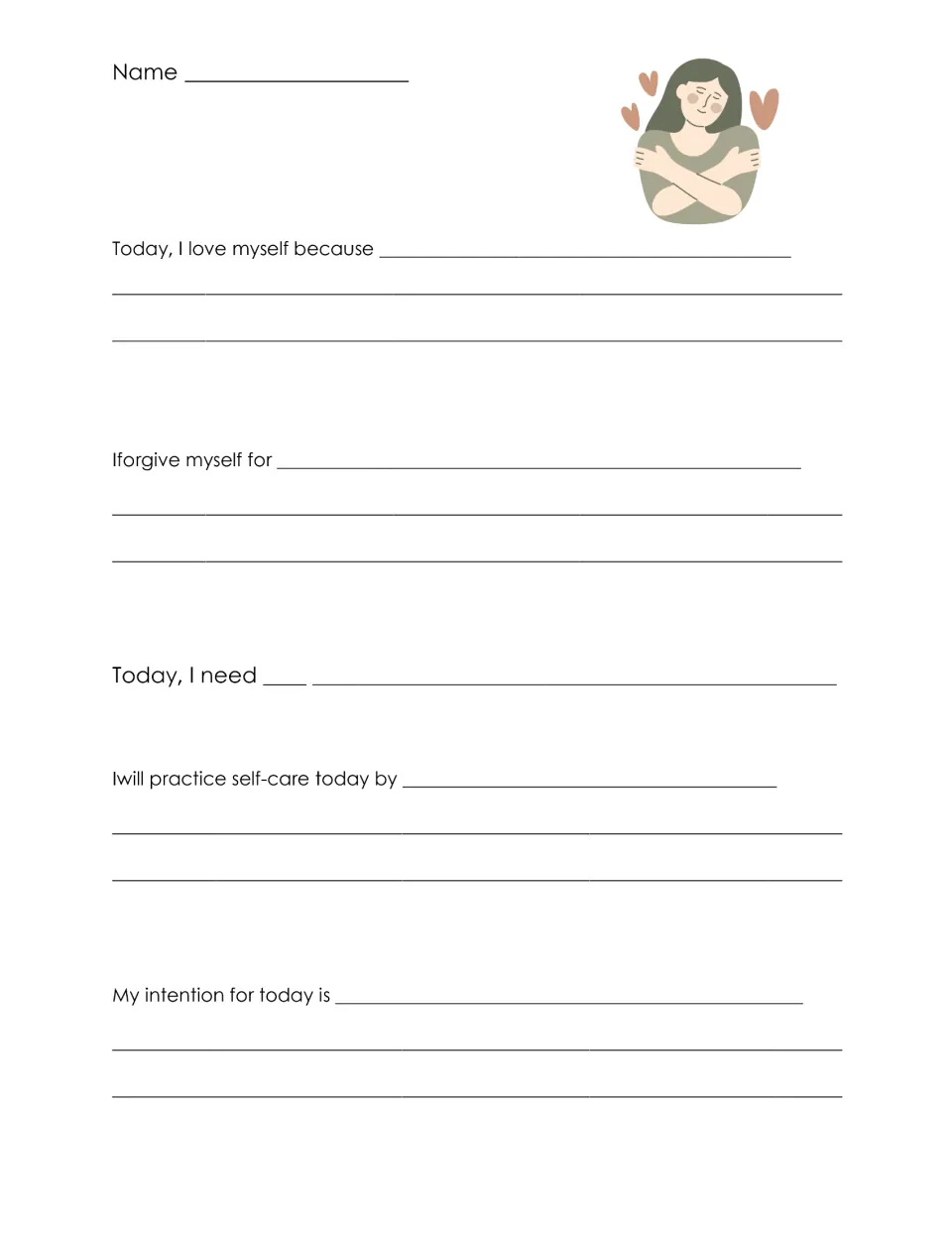 Daily self-love reflection asks about loving yourself, forgiveness, needs, self-care, and an intention.